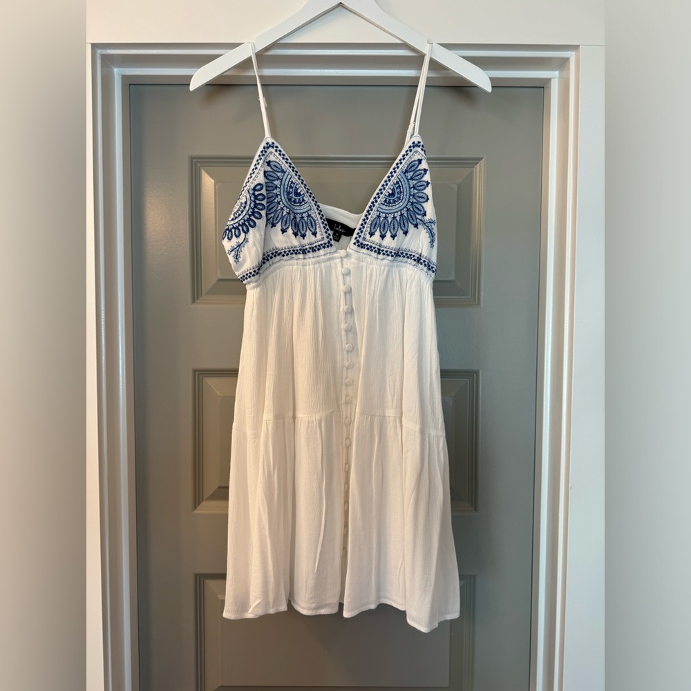 Lulus Summer in Greece White and Blue Embroidered Mini Dress - Size M